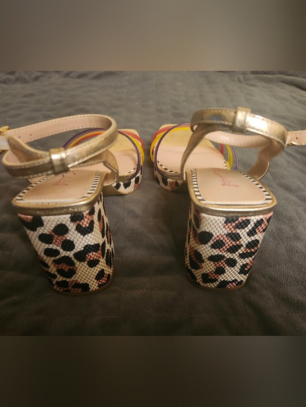 Never worn! Betsey Johnson Roni leopard print heels with multicolor jelly bands - Picture 3 of 8